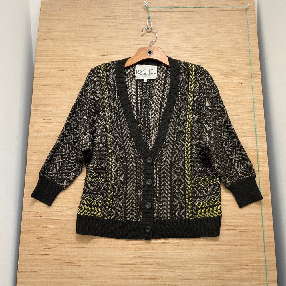 Rachel Rachel Roy Geometric Knit Cardigan Sweater Black Lime Green XS 5348